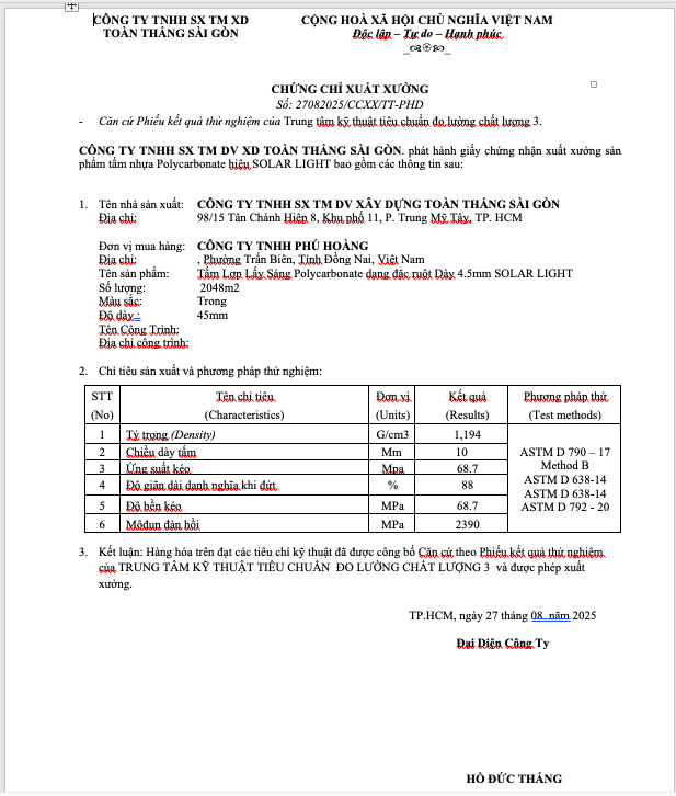 Chứng chỉ xuất xưởng poly đặc